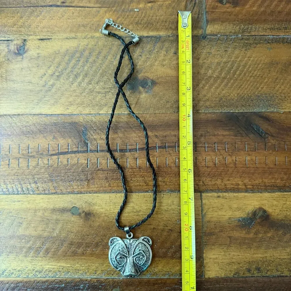 Tribal Bear Pendant Necklace Braided Leather Cord Silver Tone Animal Totem Boho